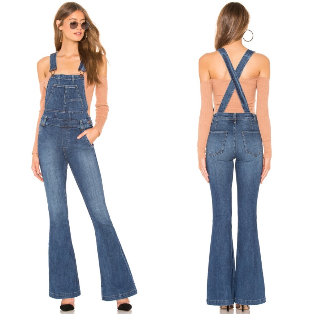 Free People Carly Flare Overalls in Blue